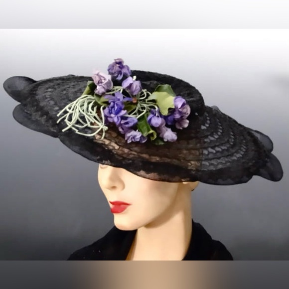 1940s cartwheel hat wide brim black crinoline horse hair with millinery flowers main image 8